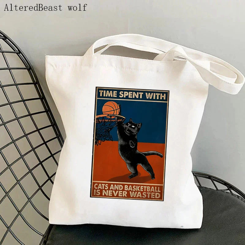 

Women Shopper bag Time Spent With Cats and Basketball Is Never Wasted Bag Harajuku Shopping girl handbag Tote Shoulder Lady Bag