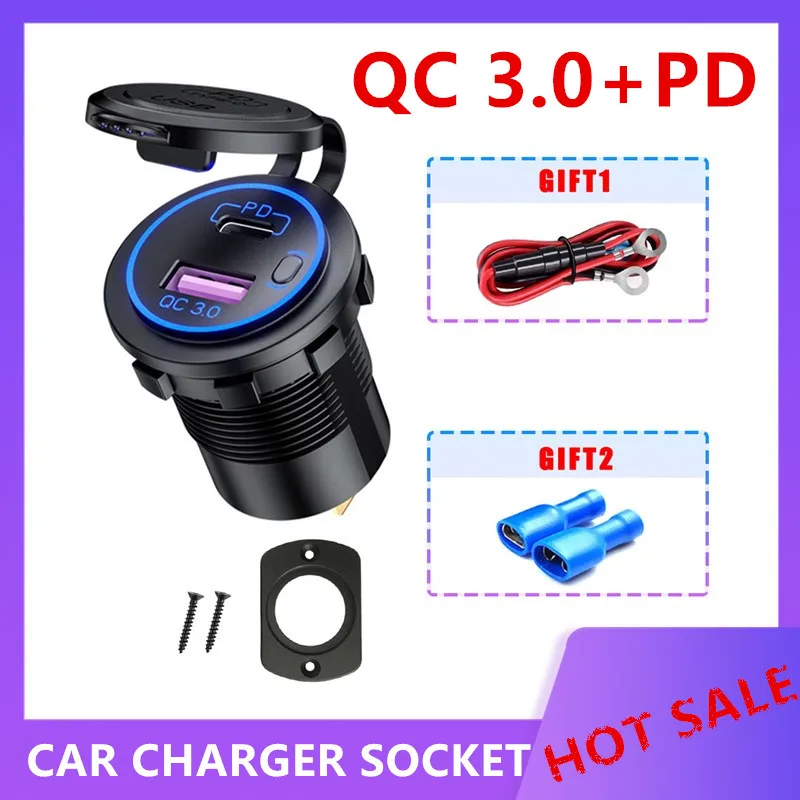 

Зарядное устройство USB QC 3,0 + PD с выключателем, адаптер для розетки питания, водонепроницаемый прикуриватель для 12 В, 24 В, для автомобилей, гру...