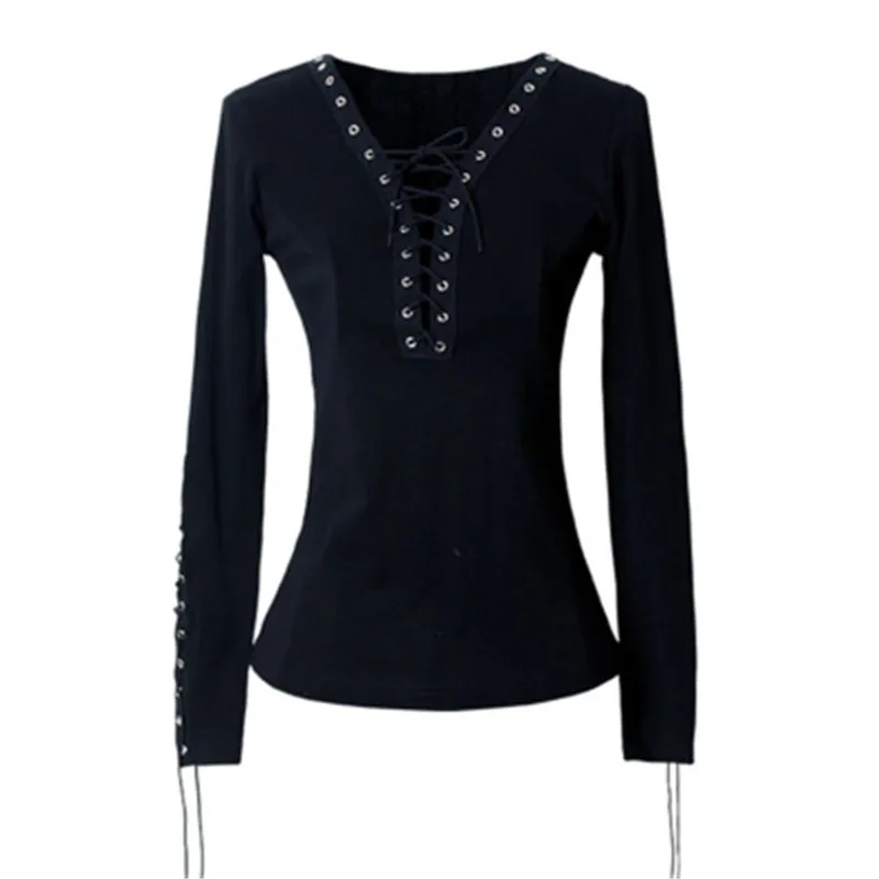 Сексуальная футболка на шнуровке блузка с длинным рукавом осенняя Черная