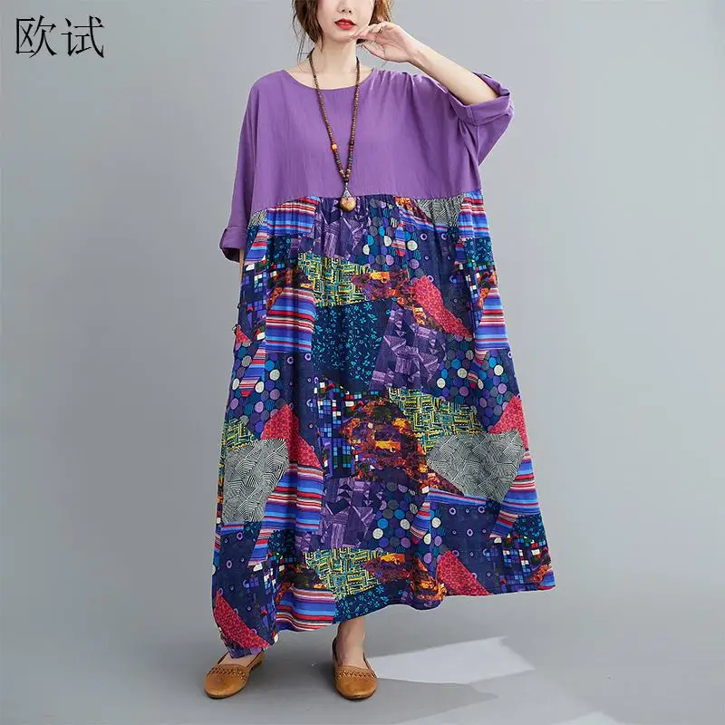 

Floral Summer Long Dress 2022 Women Patchwork Cotton Linen Ladies Dresses Oversized Casual Woman Dress