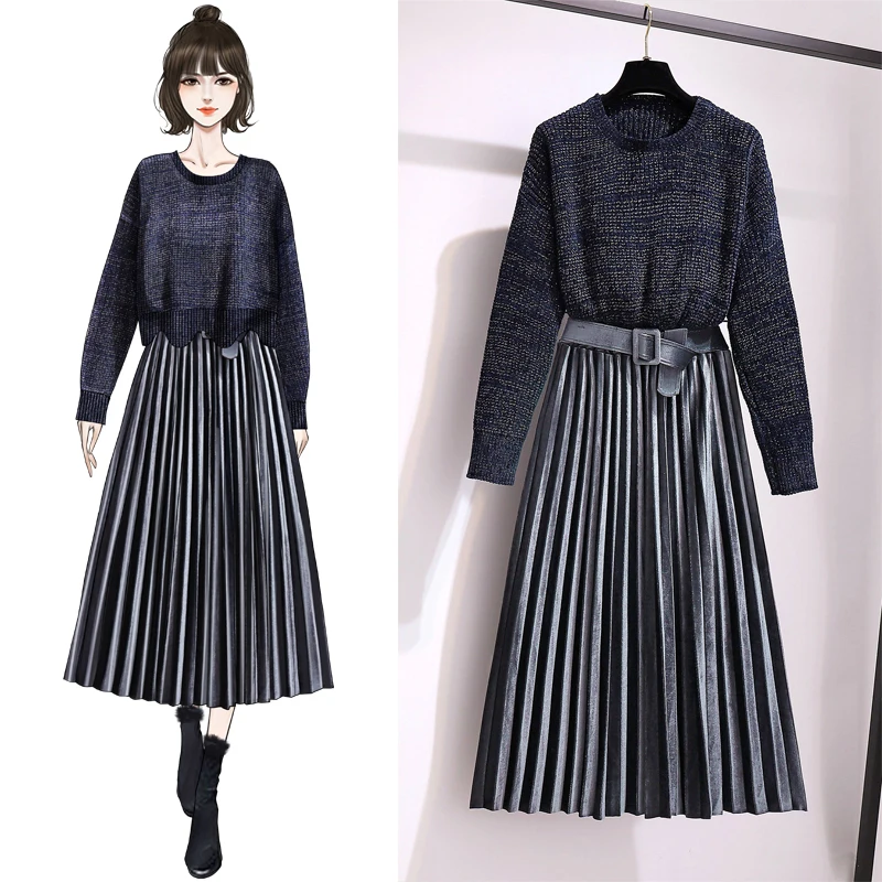 

New Winter Good Quality Round Collar Loose Pullover Sweater Pleated Long Skirts With Belt Two Pcs Clothing Set Suits Set