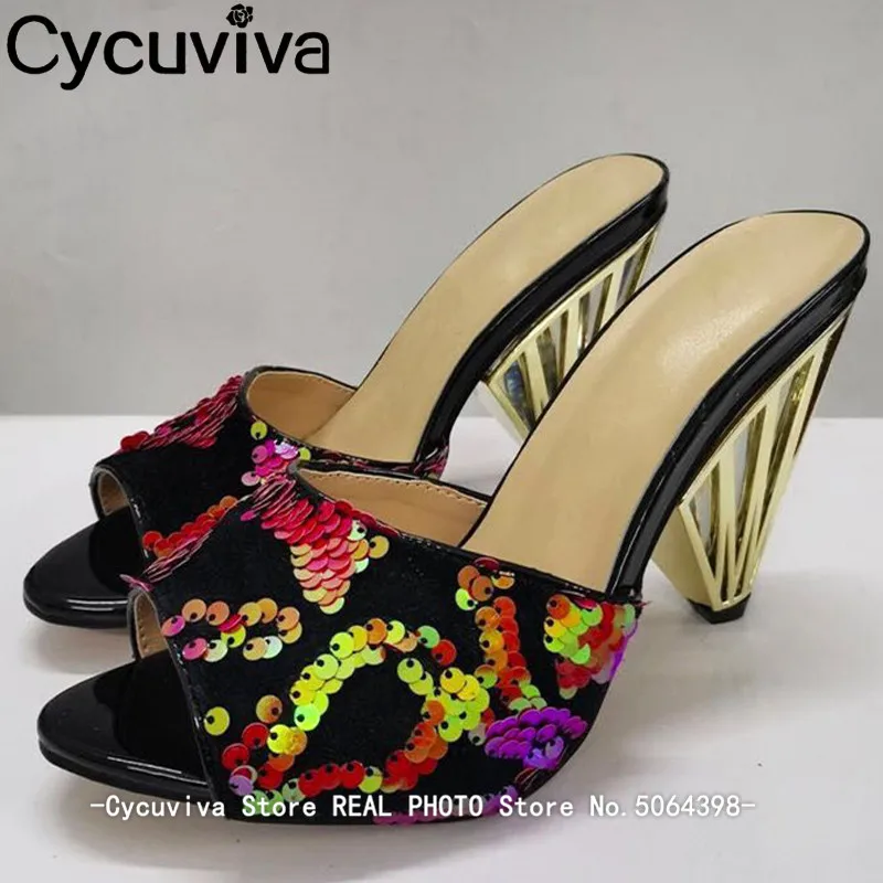 

Woman Colorful Sequins Spike Heels Slippers Strange Fretwork High Heels Party Shoes Woman Runway Peep Toe Sandalias Mujer