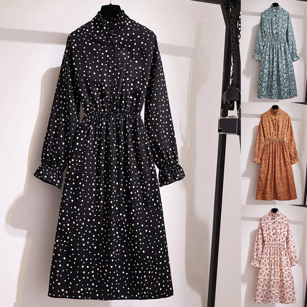 Женское платье повседневное с принтом длинным рукавом эластичная резинка на