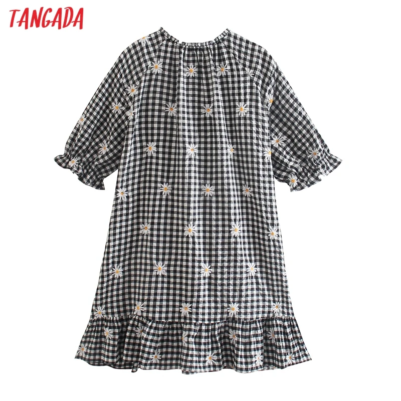 

Tangada Women Vintage Flower Embroidery Plaid Mini Dress Puff Shoulder Sleeve Female Chic Bow Tied Hem Ruffles Vestido 5Z110