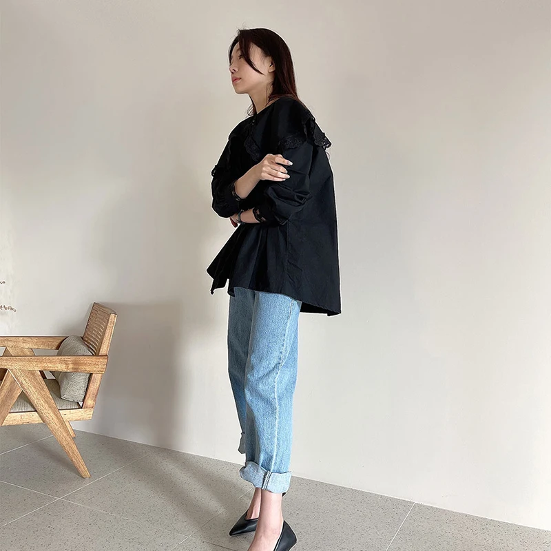 

GALCAUR Korean Shirts For Women Peter Pan Collar Long Sleeve Ruched Lace Sweet Solid Straight Blouse Female 2021 Spring Clothing