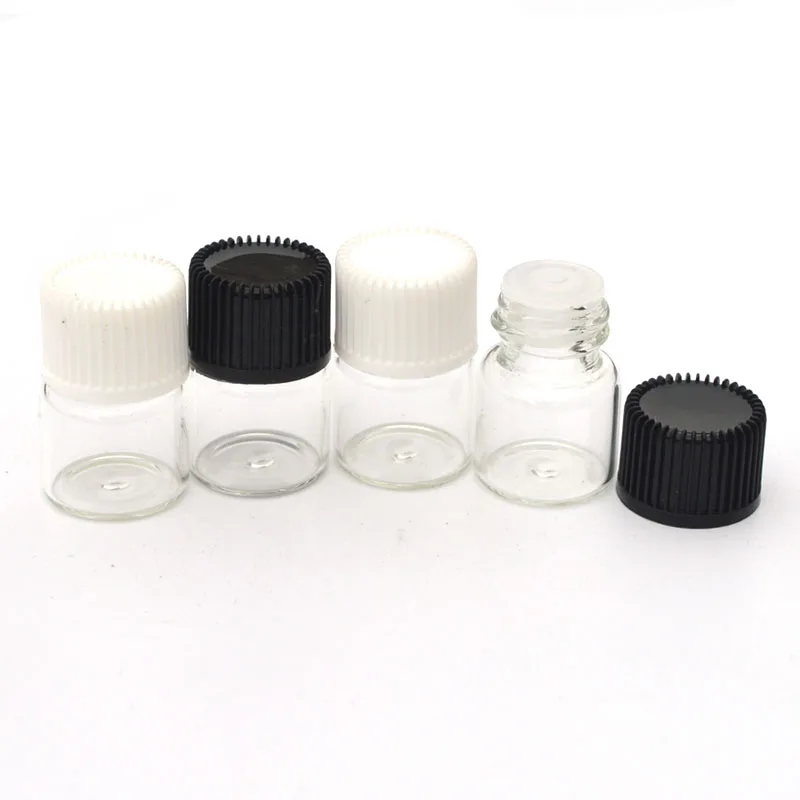 

500pcs 1ml Small Clear Glass Bottle parfume bottle refillable with Orifice Reducer and Cap Mini Essential Oil Sample Bottle