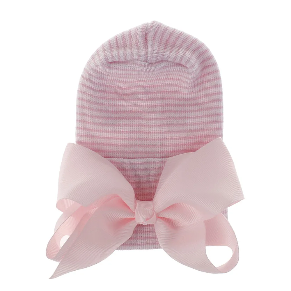 

Newborn Chiffon Bow Knot Baby Stirped Knitted Hat Winter Newborn Girls Candy Color Soft Sweet Cute Caps Accessories High Quality