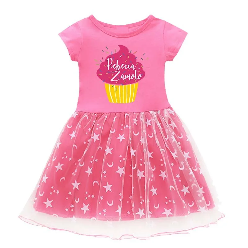 

New Rebecca Zamolo Girls Dress Summer Kids T Shirt Colour Gauze Pleated Princess Patchwork Dresses Cute Cartoon Printed Clothes