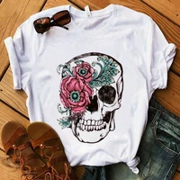 women fashion t shirt skull print cotton vouge o neck short sleevet shirt summer simple top casual leopard flower