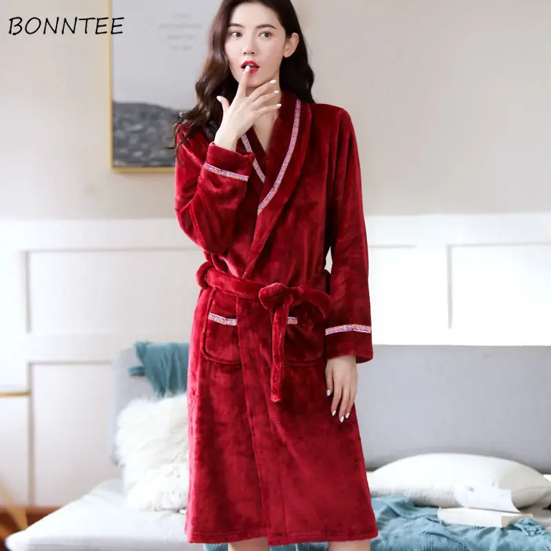 

Robes Women Flannel Solid Warm Leisure Womens Elegant Soft Winter Bathrobe Korean Style All-match Sleepwear Homewear Ulzzang New