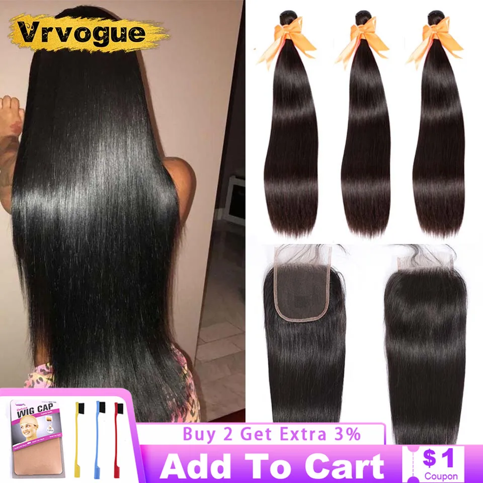 Vrvogue волосы перуанский прямые пряди с закрытием Remy человеческие 3 кружева