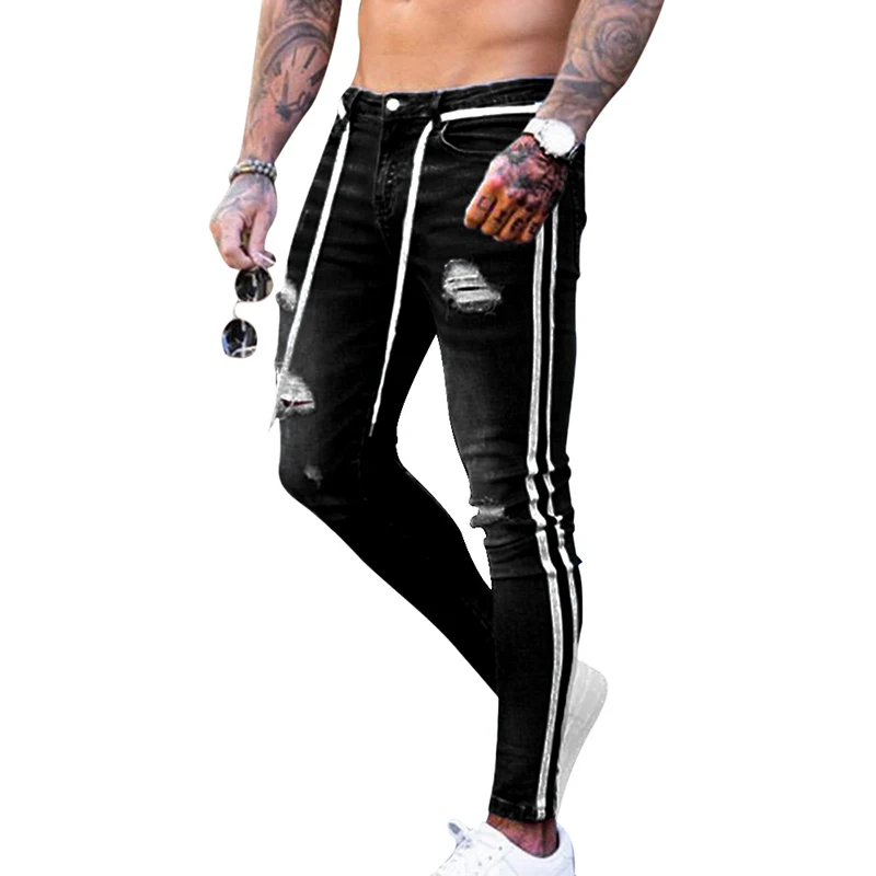 Men Skinny Jeans Biker Destroyed Frayed Fit Denim Ripped Pants Side Stripe Pencil Streetwear | Мужская одежда