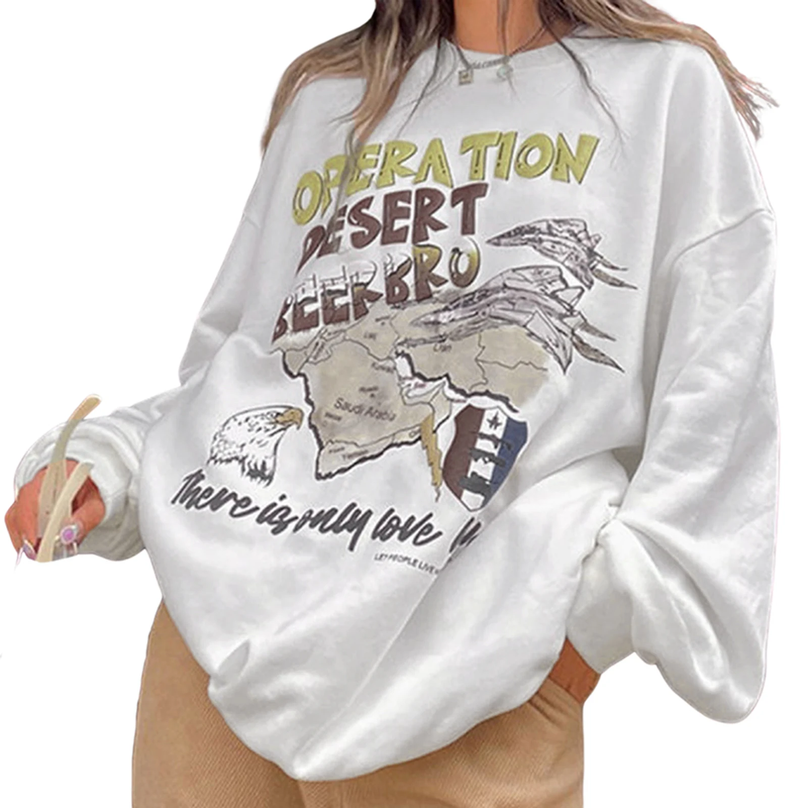 

Female Pullover, Floral Print Round Neck Long Sleeve Loose T-Shirt Tops for Spring Fall, White, M/L/XL/XXL