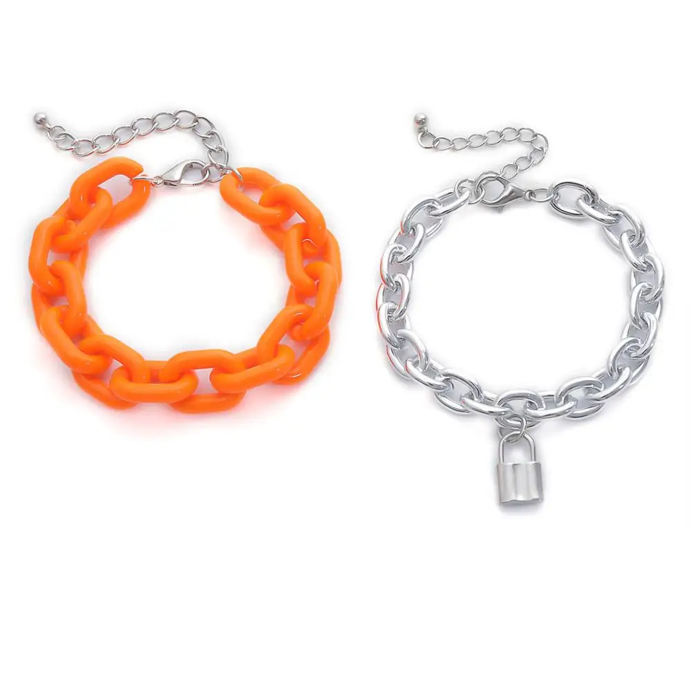

Acrylic Lock Pedant Bracelet 2Pcs/Set Fluorescent Orange Silver Color Punk Cuban Link Chain Bracelet Bangels Couple Jewelry