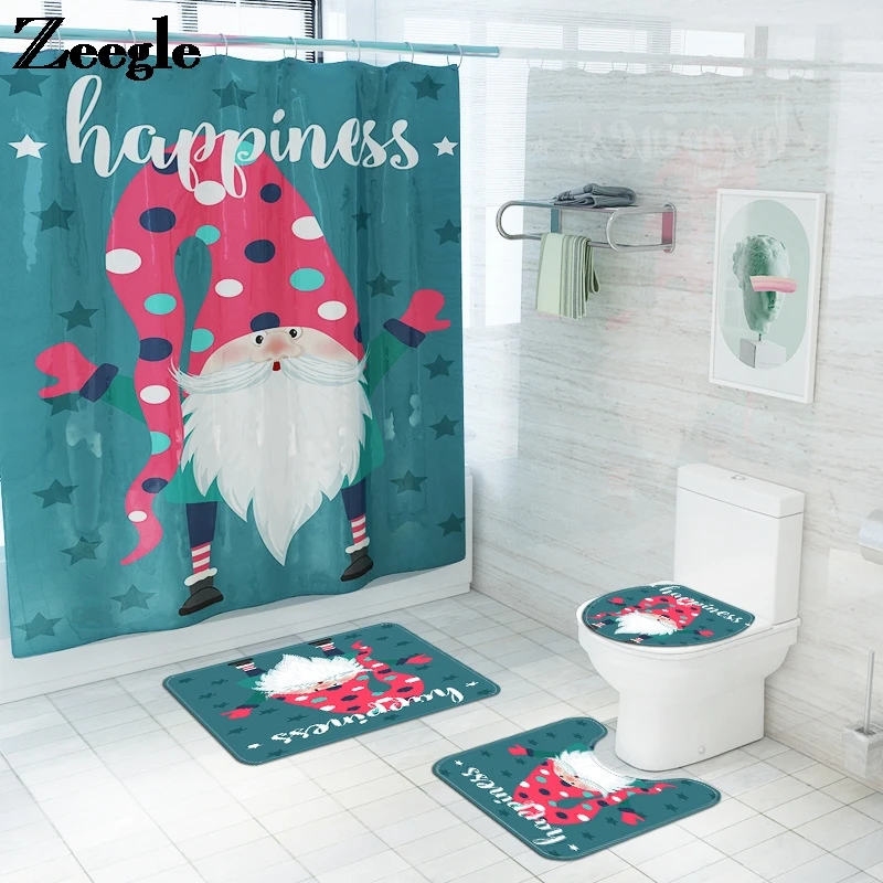 

Christmas Cartoon Bath Rug Set Anti-slip Floor Carpet for Bathroom Bath Mat and Waterproof Shower Curtain Set Toilet Floor Mats
