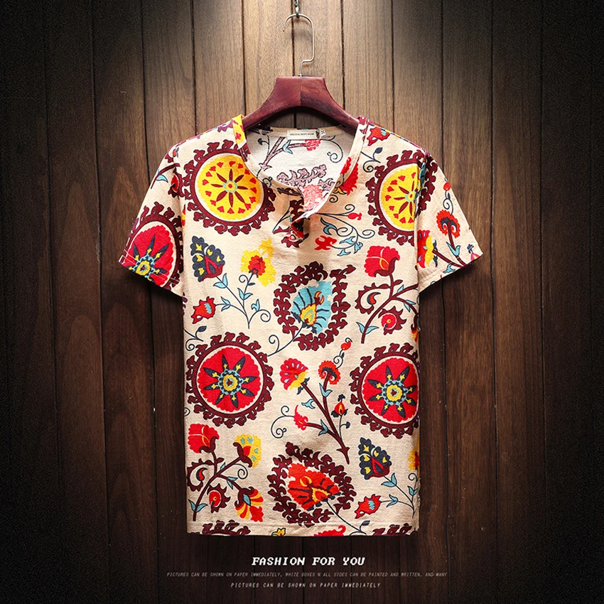 Summer Men Cotton Linen Short Sleeve T-shirt Chinese Traditional Clothing Ethnic 3D Print Oriental Totem Tees Male Hip Hop Tops