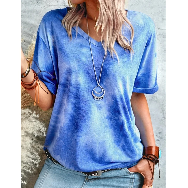 

WEPBEL T-shirt Summer Fashion Tie-Dye Printed Short-Sleeved T-shirt Women's Casual Loose V-neck Pullover T-shirt Top