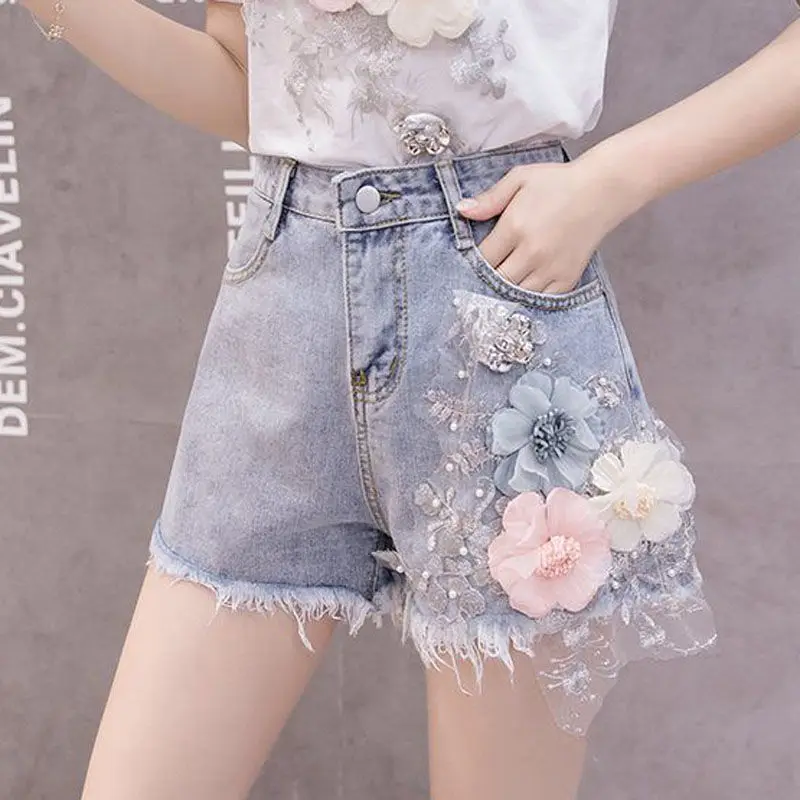 Summer new female embroidered sequins girl short sleeve T-shirt rough denim shorts two fashion suits  Wide Leg Pants