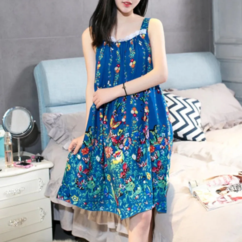 Sexy Nightdress Sleeveless Print Nightgown Cotton Night Wear Women 2022 Summer New Spaghetti Strap Plus Size Nightgowns E1133