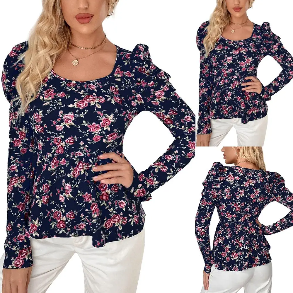 

Long Sleeve Floral T-shirt Womens Round Neck Autumn Blouse Ladies Floral Fashion Printed Tops
