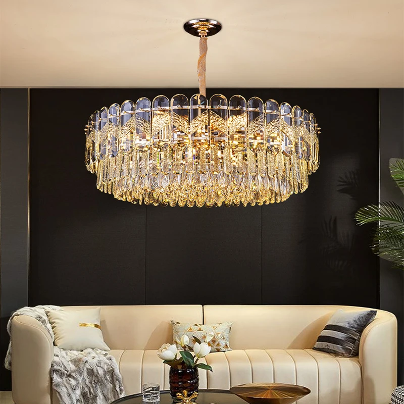 

Modern Luxury Round Shiny Gold Metal E14 Led Pendant Ligths Lustre K9 Crystals Chain Hanging Lamp Foyer Suspend Lamp Fixtures