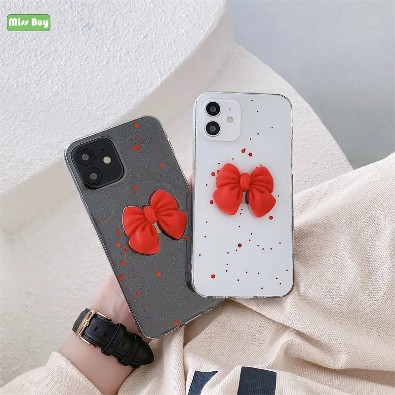 

3D Girly Pink Bowknot Phone Case For iPhone 12 11 Pro Max 12 mini 7 8 Plus XR X XS Case Transparent Epoxy Phone Shell Cover Box
