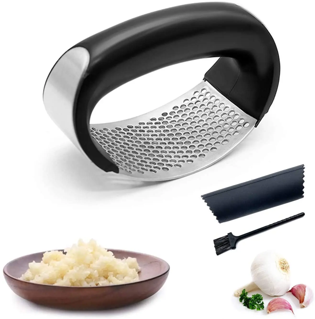 

Stainless Steel Garlic Press with Handle Rocker Garlic Crusher Squeezer Slicer Mincer Chopper with Silicone Tube Peeler Clean