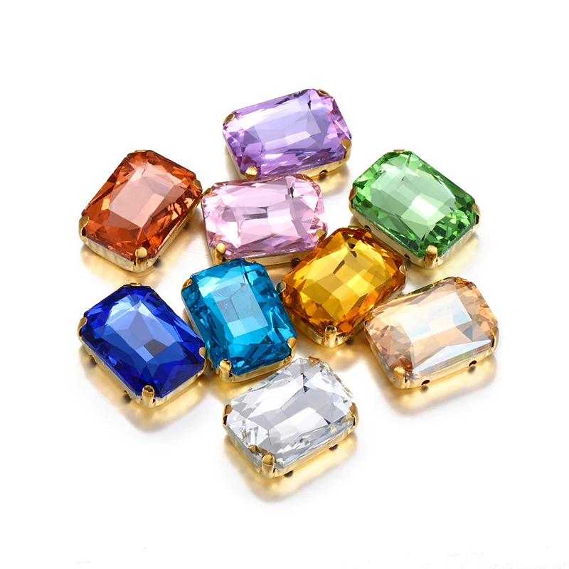 

10X14mm Aquamarine Violet Octagon Glass Crystal Strass Sew On Rhinestones With Golden Flatback Claws For Clothes Bags Shoes