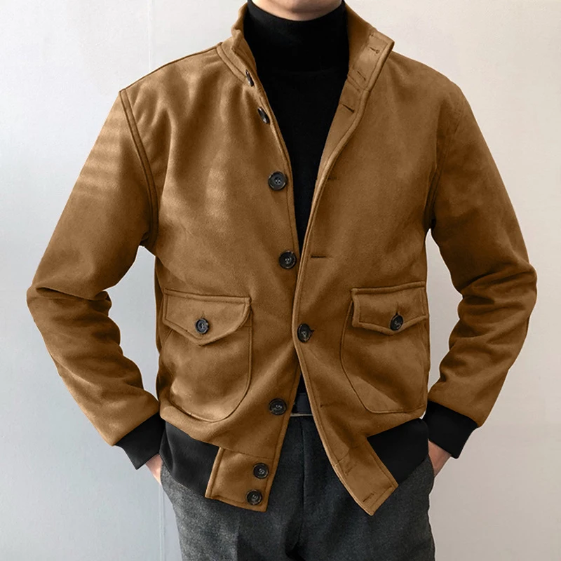 

Vintage Turn-down Collar Pockets Men Coats Autumn Buttoned Design Long Sleeve Outerwear Winter Casual Solid Fashion Jackets Mens