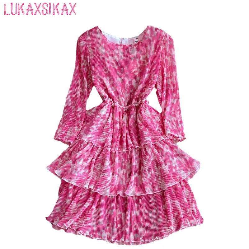 

LUKAXSIKAX, новинка, весна-осень, женское облегающее мини-платье с рукавами на запястье, милый галстук, плиссированное платье с краской в виде тор...