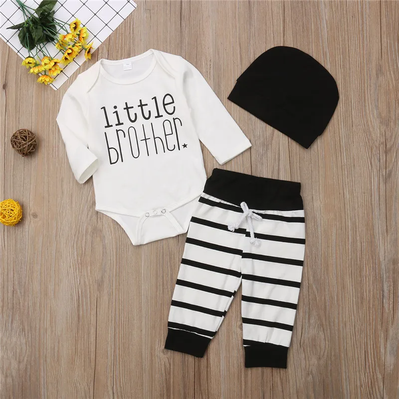 Newborn Baby Boys Little Brother Tops Romper Striped Pants Hat Outfits Kids Pajamas 3pcs Cotton Autumn Clothes |