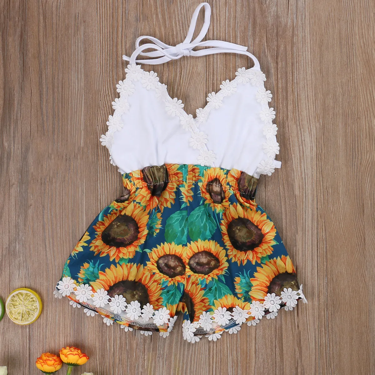 

Летние комбинезоны для маленьких девочек, комбинезоны без рукавов, на бретельках, с V-образным вырезом, кружевной, с подсолнухом и цветочным ...