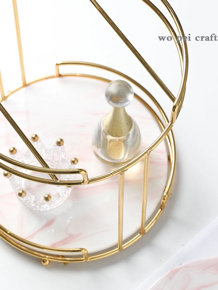 

Marble Texture Double Layer Makeup Stand Home Golden Metal Wrought Iron Decorative Trays Dressing Table Cosmetic Display Rack