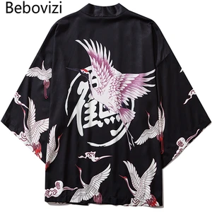 Кимоно Bebovizi мужское с принтом журавлей, уличная одежда в японском стиле, кардиган, халат в японском стиле унисекс, азиатские черные и белые кимоно
