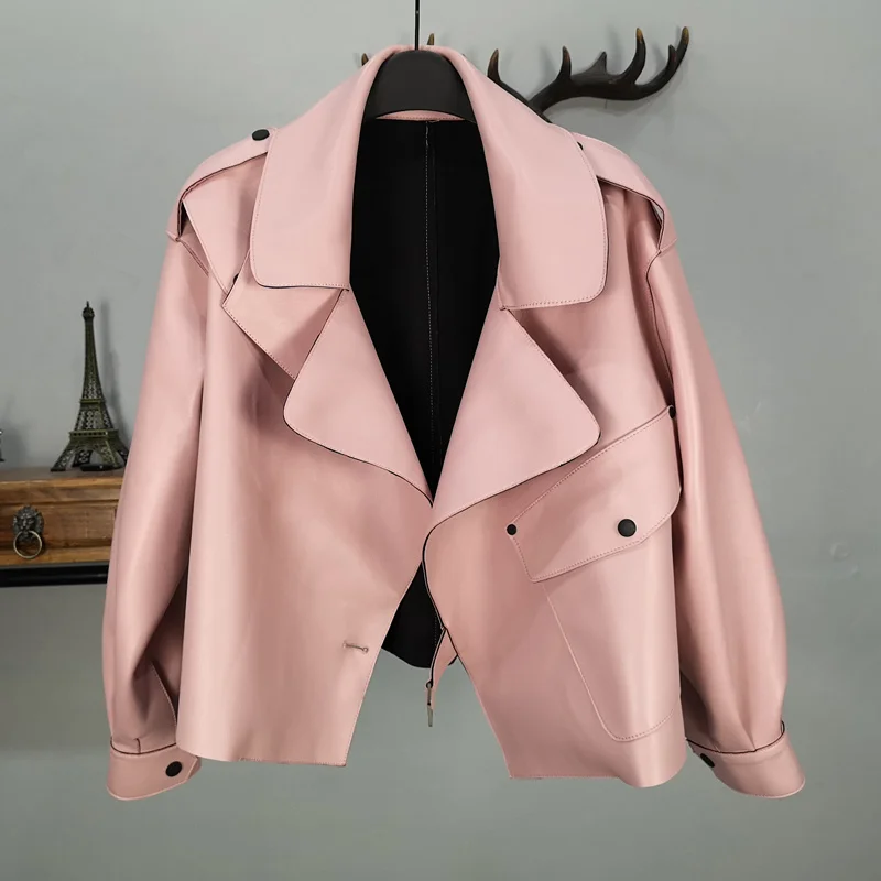 

autumn winter designer women real sheepskin leather short jackets loose turn down collar motocycle genuine leather coats A204