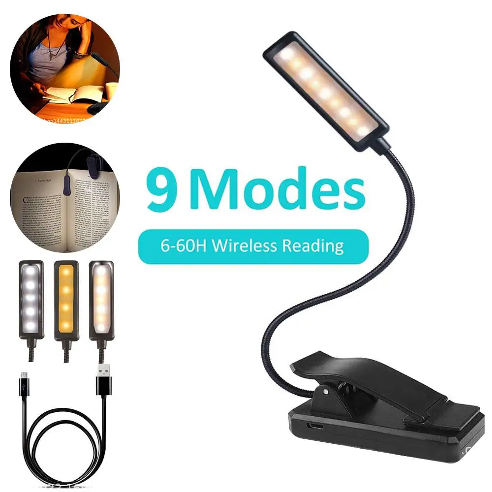 

7 LED Black Clip Reading Light LED Clip Lamp Flexible Rechargeable Bed Office Eye-Care Dimmable Eye Protction Touch Switch