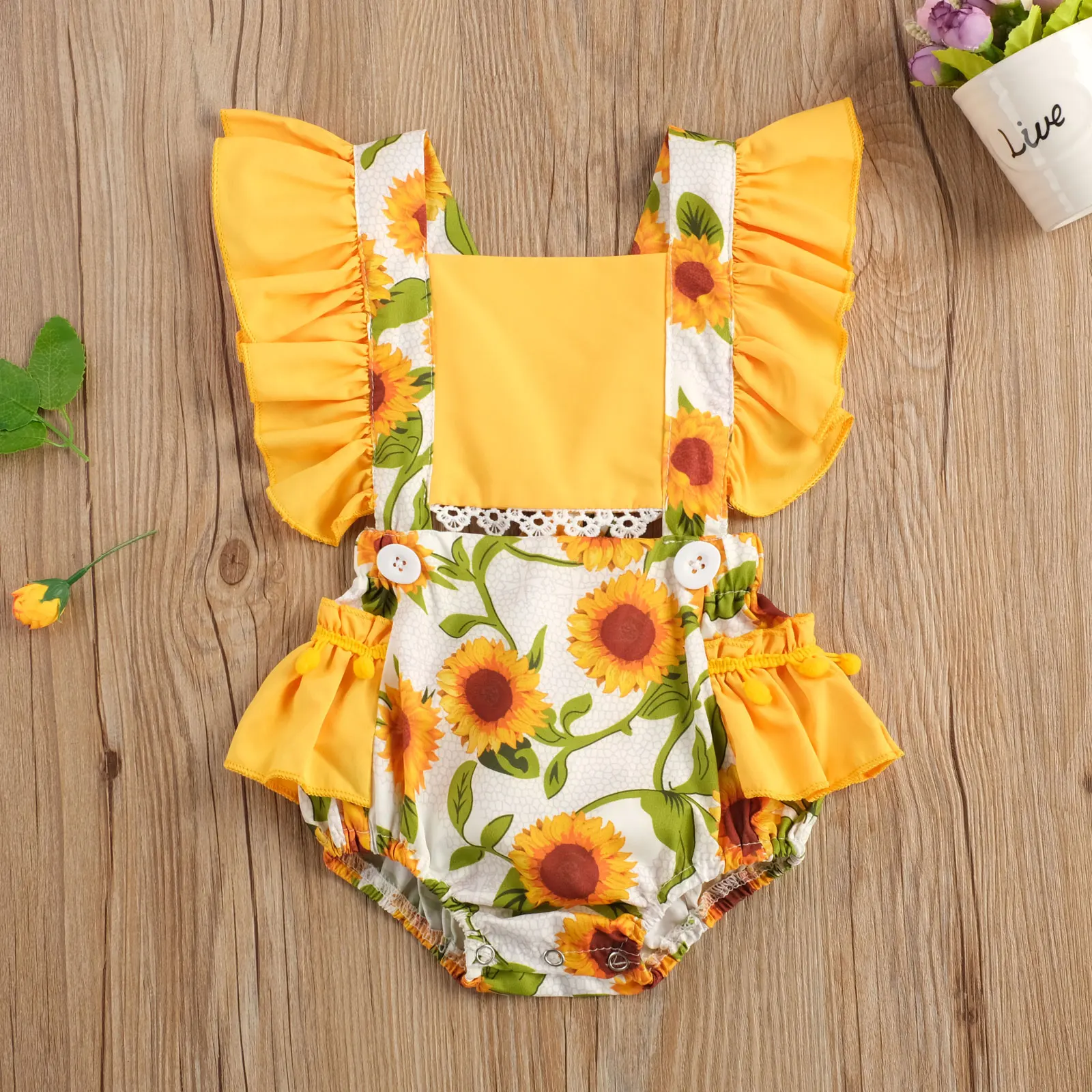 

Summer Baby Toddler Girls Sunflower Print One-Piece Cute Ruffle Sleeve Pom Pom Lace Trim Bodysuit Clothes