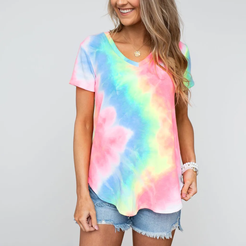 Tie Dye женская футболка лето футболки туники с коротким рукавом сексуальная V