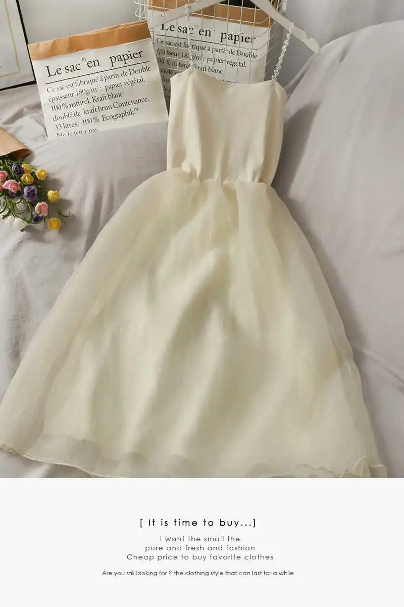 

2021 spring super fairy mesh splicing high waist suspender dress