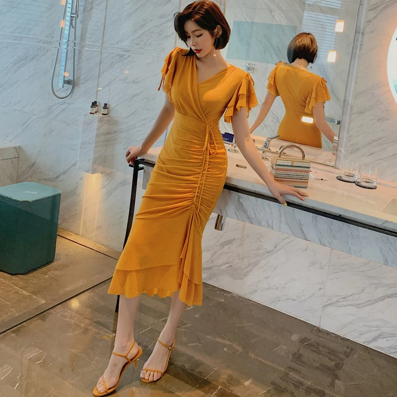 

new arrival fashion party dress women elegant summer ruffle sleeve v-neck simple temperament office lady orange mermaid dress