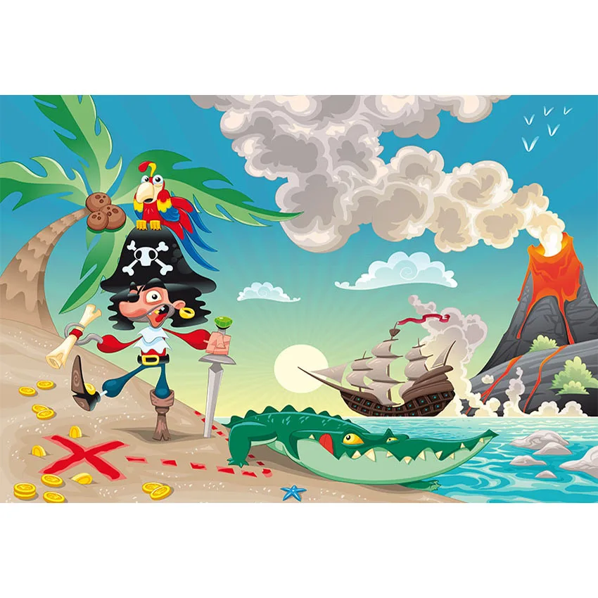 

7x5ft Pirate Neverland Jake Pirates Ship Sand Beach Parrot Custom Photo Studio Background Backdrop Vinyl Banner 220cm x 150cm