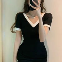 2021 new korean v neck waist slim bodycon black color matching pleated mini sexy bag hip one piece dress women summer clothing