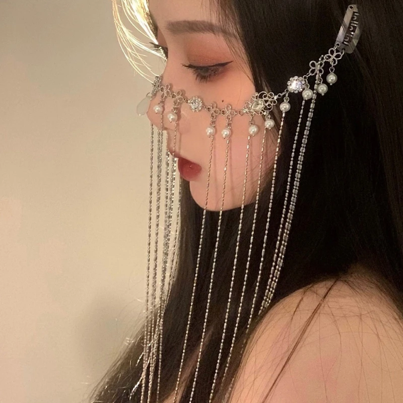 

Face Cover Hair Clip Mesh Multi-Layers Tassel Veil Chain with Pearl Masquerade Mask Fancy Cover Face Decoration