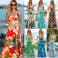 simple and elegant v neck womens summer dress bohemian floral suspender skirt womens chiffon summer dress beach green dress