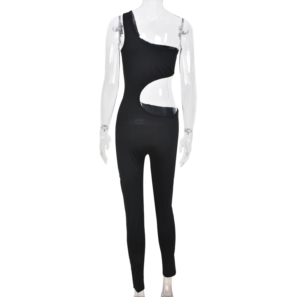 

Girlchic Skew Collar Sleeveless Hollow Out Solid Sexy Jumpsuits Skinny Casual Backless One Shoulder Women Rompers Streetwear