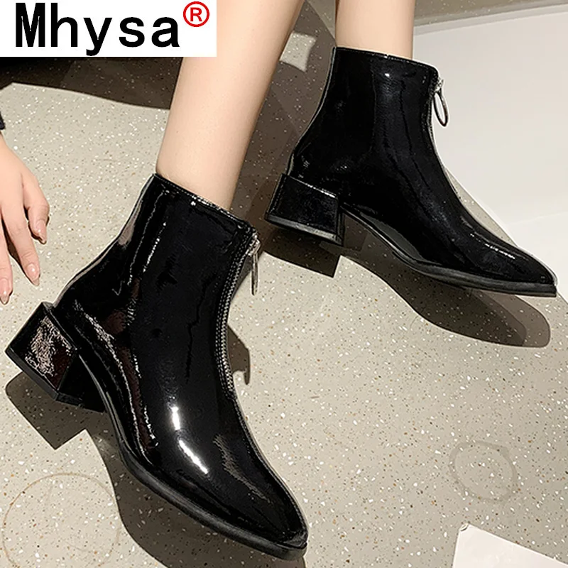 

Женские ботильоны из лакированной кожи, повседневные ботинки на толстом каблуке, на молнии спереди, на платформе, осень 2021