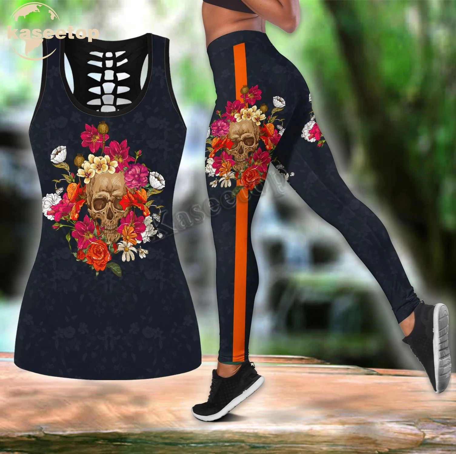 

Kaseetop Skull Flowers Combo Two Piece Yoga Set Women 3D Print Vest Hollow Out Hollow Tank & Legging Outfit Summer Casual LK58