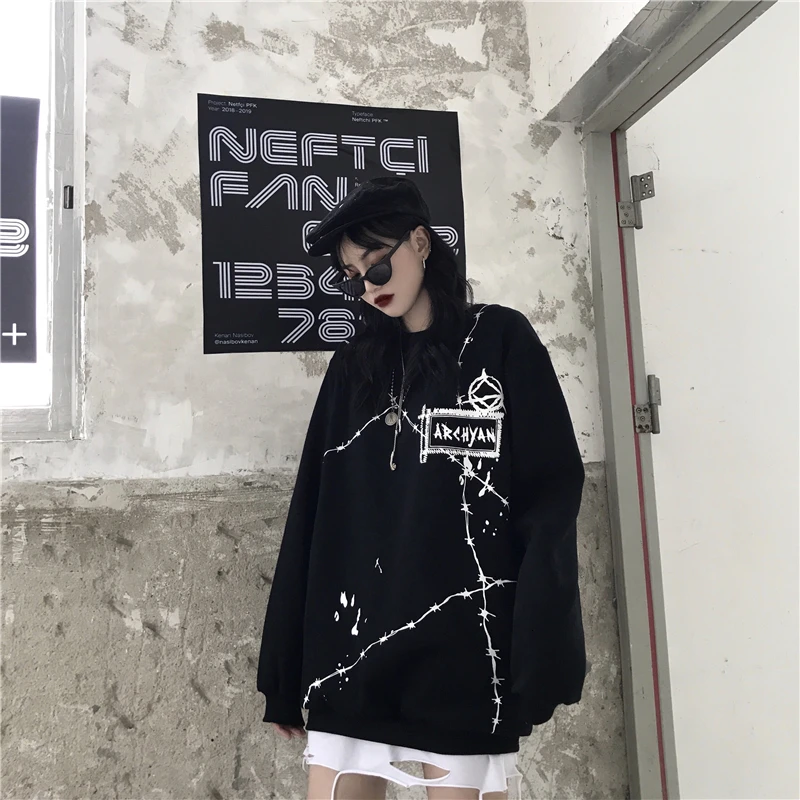 Гранж Повседневная Женская Печать Черная Толстовка уличная одежда|Женские