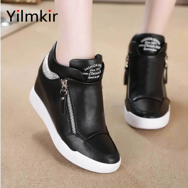 

Fashion Popular Women High Heels Casual Travel Platform Flat Shoes Ladies Slope Heel Side Zipper PU Inner Height Increase Shoe