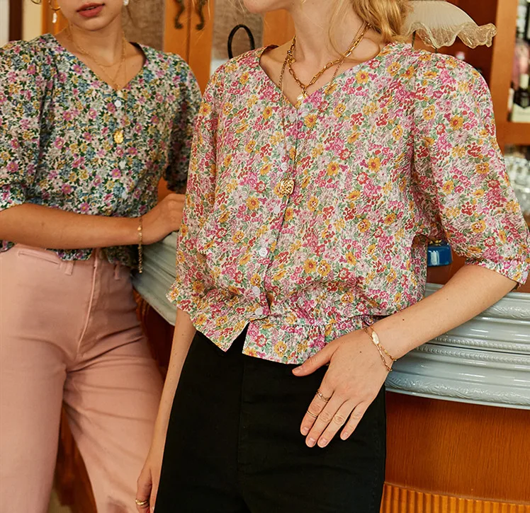 

2020 New Retro Floral Women Blouse Early Autumn Ruffles Trim Slim Waist Female Single-breasted Shirt And Top